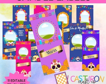 Puede incluir: Una colección de once plantillas de etiquetas de velas editables con temática del Día de Muertos. Las etiquetas presentan diseños coloridos con calaveras de azúcar, flores y el nombre "Maria". Se muestra el texto "CANDLE LABELS" y "11 EDITABLE TEMPLATES".