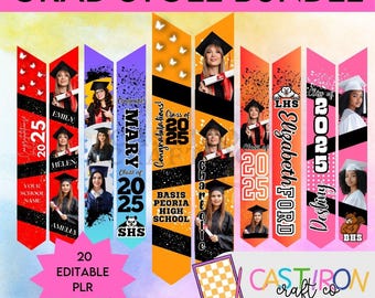 May include: A set of 20 editable graduation stole templates featuring different school names and graduation years. The stoles are in various colors and designs, including black, orange, red, pink, and blue. The templates are perfect for creating personalized graduation stoles for students.