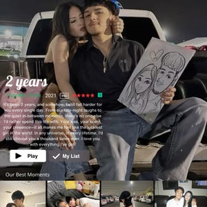May include: A Netflix interface displays a couple embracing, with the text "2 years" and a cartoon drawing of the couple. The interface includes options to play the content and add it to a list, with additional images below.