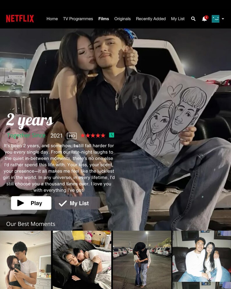 May include: A Netflix interface displays a couple embracing, with the text "2 years" and a cartoon drawing of the couple. The interface includes options to play the content and add it to a list, with additional images below.