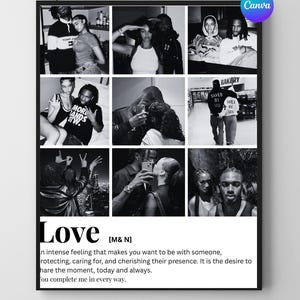 Può includere: Stampa incorniciata in bianco e nero con un collage di nove fotografie di coppie. La parola "Love" e la sua definizione sono visualizzate in basso. Il logo Canva si trova in alto a destra.