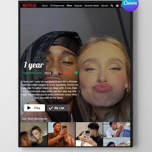Regalo de aniversario para él o ella, póster personalizado de pareja con temática de Netflix, plantilla digital de Canva para regalo de novio o novia.