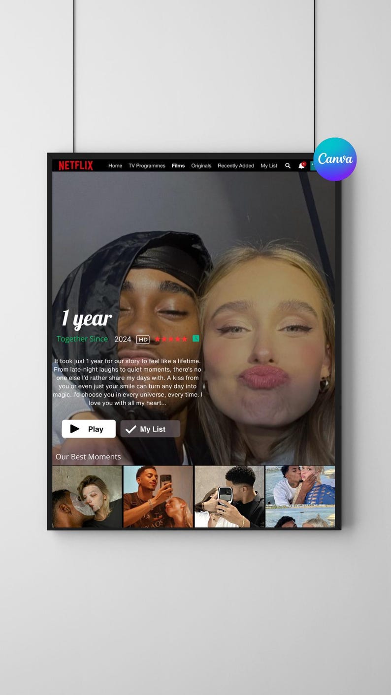 May include: A Netflix interface displays a custom movie poster titled "Together Since" with the text "1 year" and the year "2024". The poster features two people and includes the text "Play" and "My List".