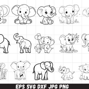 May include: Black and white line art illustrations of elephants in various poses. Some elephants are depicted with soccer balls, balloons, and flowers. The image includes the text "EPS SVG DXF JPG PNG".