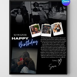 Pode incluir: Uma colagem de fotos em preto e branco com as palavras "TO MY LOVER HAPPY Birthday" em branco e azul. A colagem inclui fotos de pessoas e o texto "365 dias depois, ainda estou tão apaixonado por você..." e "Love, Sava".