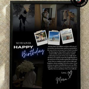 May include: A framed black photo collage with multiple images of a couple, including polaroid-style photos. The text "TO MY LOVER HAPPY Birthday" is displayed in a neon-style font. The text "AS SEEN ON TIKTOK" is in the upper right corner.