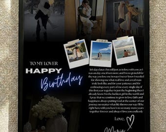 May include: A framed black photo collage with multiple images of a couple, including polaroid-style photos. The text "TO MY LOVER HAPPY Birthday" is displayed in a neon-style font. The text "AS SEEN ON TIKTOK" is in the upper right corner.