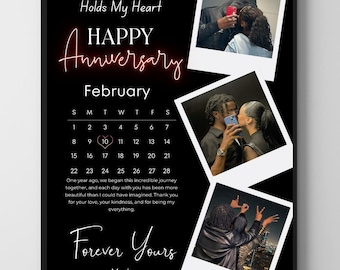 Puede incluir: Impresión enmarcada en negro con el texto "To the One Who Holds My Heart" y "HAPPY Anniversary" en escritura roja. Incluye un calendario de febrero y tres fotos. También está presente el texto "Forever Yours".