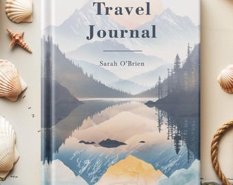 Op de afbeelding: Een hardcover reisdagboek met een landschapsillustratie van bergen en een meer. De cover leest "Travel Journal" en "Sarah O'Brien". Het dagboek is omgeven door schelpen, een zeester, een kompas en touw, wat een nautisch thema suggereert.