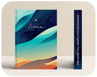 Op de afbeelding: Een boekomslag met een abstract ontwerp in blauw en oranje tinten. De tekst "Irene" en de quote "Kansen gebeuren niet, je creëert ze" staan op de omslag gedrukt.