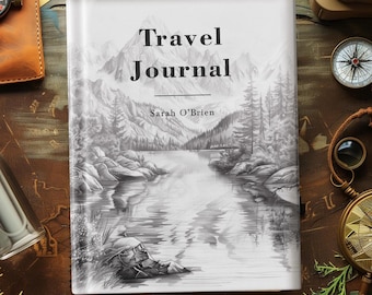 Op de afbeelding: Een reisdagboek met een zwart-wit illustratie van een bergmeerscène. De omslag leest "Travel Journal" en "Sarah O'Brien". Het dagboek wordt omringd door reisaccessoires, waaronder een kompas en een verrekijker.