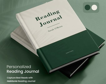Puede incluir: Un diario de lectura personalizado con una cubierta verde y blanca. El diario se titula "Reading Journal" y tiene el nombre "Sarah O'Brien" impreso en la portada. El texto "Habitonia Reading Journal" está impreso en la parte inferior de la cubierta.