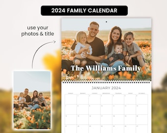 Może przedstawiać: Szablon kalendarza rodzinnego ze zdjęciem pięcioosobowej rodziny w polu kwiatów. Pod zdjęciem widnieje tekst "The Williams Family". Kalendarz jest na styczeń 2024.