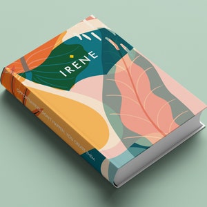 Pode incluir: Um livro com um design abstrato colorido com folhas e o texto "IRENE" e a citação "As oportunidades não acontecem, você as cria".