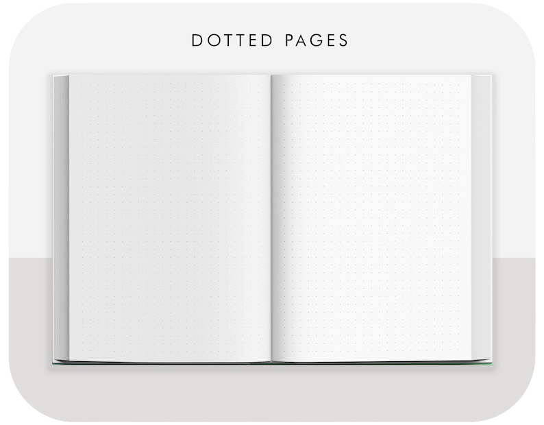 May include: A white notebook with dotted pages, open to reveal the blank interior. The notebook has a green spine and a white cover.