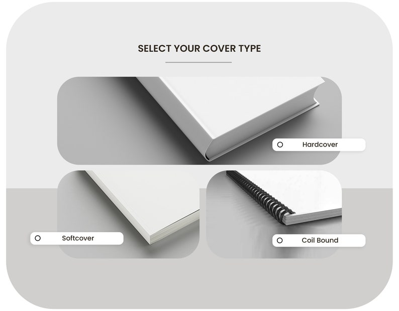 May include: Three different book cover types: hardcover, softcover, and coil bound. Each cover is shown in a white mockup.