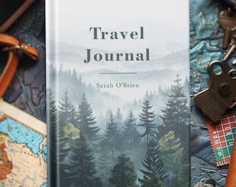 Op de afbeelding: Een hardcover reisdagboek met een mistig boslandschap op de omslag. De titel "Travel Journal" staat in donkergroene letters, met de naam van de auteur, Sarah O'Brien, eronder. Het dagboek wordt omringd door sleutels en een kaart.