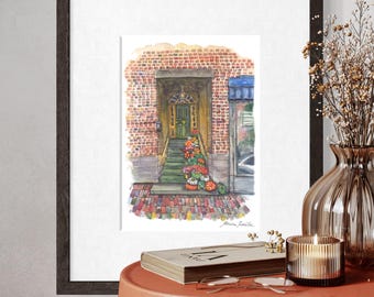 Beacon Hill Watercolor Print – Historic Boston Brownstone Autumn Doorway Decor