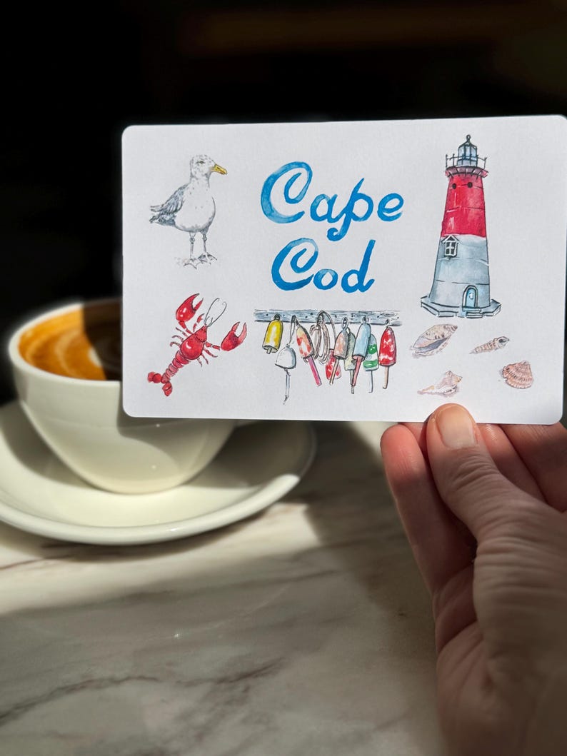 Cape Cod Watercolor Card | Lighthouse, Lobster, Seashells (4x6) - Etsy
