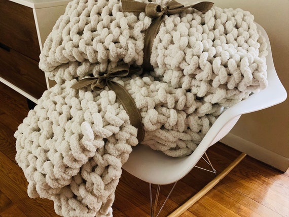 Hand Knit Made to Order Chunky Yarn Chenille Throw Blanket or Baby
