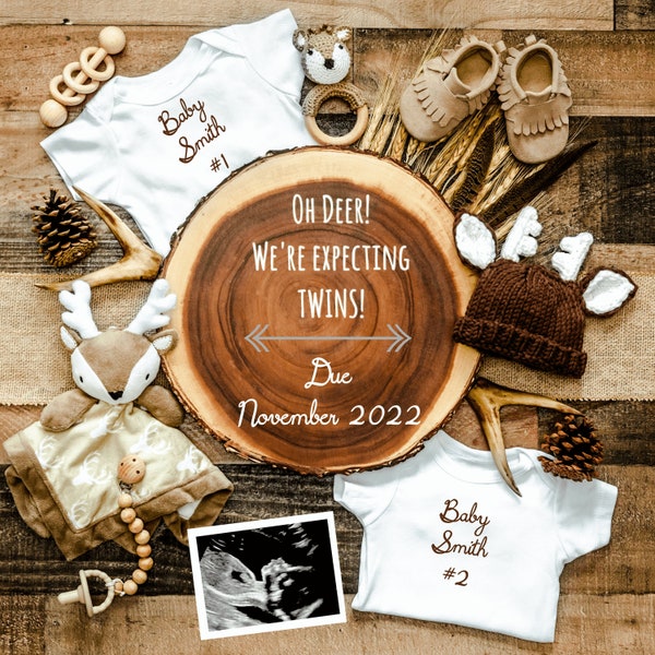Twin Pregnancy Announcement, Hunting Deer | Neutral Baby | Woodland Country Western | Digital Customizable Editable Image | Social Media