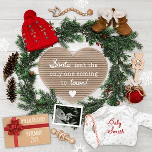 Winter Holiday Christmas Neutral Baby Digital Pregnancy Announcement | Santa Claus | Customizable Editable Image | Social Media | Boho