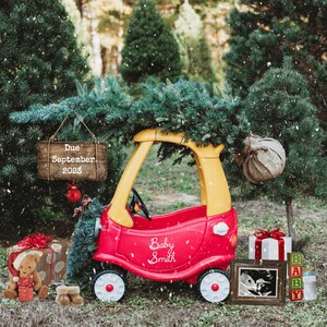 Coche Little Tikes con árbol de Navidad Anuncio de embarazo digital / Coche para niños / Bebé / Vacaciones de invierno / Imagen personalizable / Redes sociales