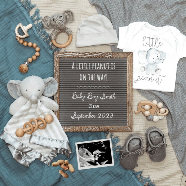 Boy Elephant Little Peanut Digital Pregnancy Announcement | Customizable Image | Gender Reveal Social Media Announcement | Animal | Boho