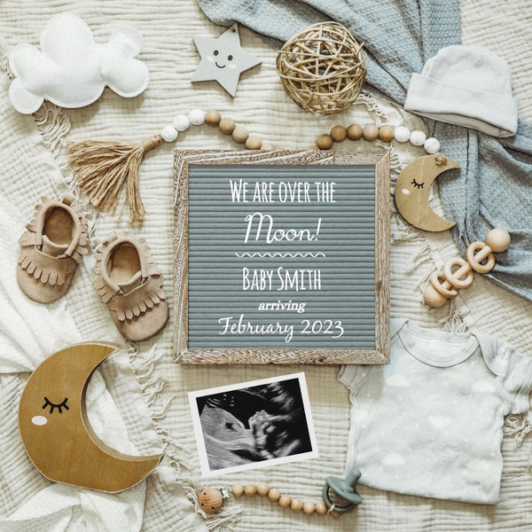 Digital Pregnancy Announcement, Moon Stars Clouds | Over the Moon Customizable Image | Gender Neutral Social Media Baby Announcement | Boho