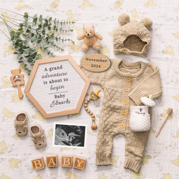 Teddy Bear Digital Pregnancy Announcement | Winnie the Pooh Gender Neutral | Customizable Image | Social Media | Baby Pooh Bear | Adventure