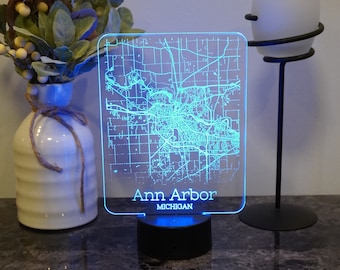 City of Ann Arbor Map Night Light LED Light Unique Wedding Gift Couple Gift Home Decor Ann Arbor Area Birthday Gift for Her Gift for Him