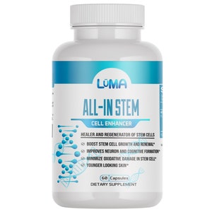 May include: White bottle with a blue label that says "LÜMA ALL-IN STEM CELL ENHANCER". The label also includes a list of benefits, such as boosting stem cell growth and renewal, improving neuron and cognitive formation, and minimizing oxidative damage in stem cells. The bottle contains 60 capsules and is a dietary supplement.