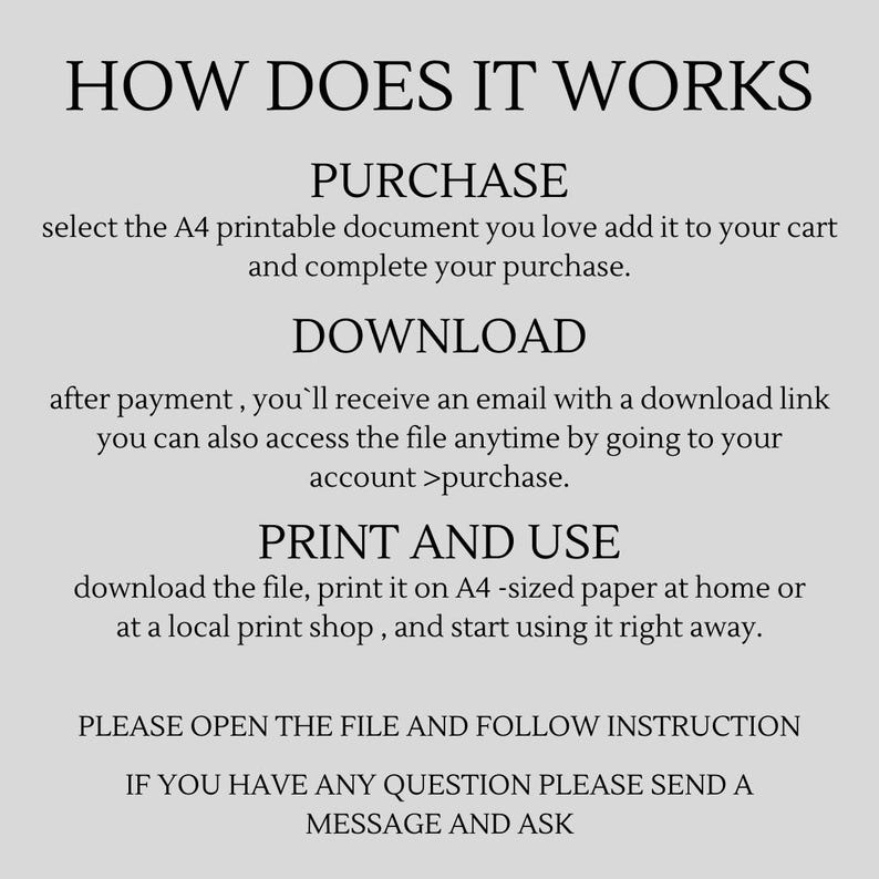 May include: A white background with black text explaining how to purchase, download, print, and use a printable document. The text says "HOW DOES IT WORKS", "PURCHASE", "DOWNLOAD", "PRINT AND USE", "PLEASE OPEN THE FILE AND FOLLOW INSTRUCTION", and "IF YOU HAVE ANY QUESTION PLEASE SEND A MESSAGE AND ASK".