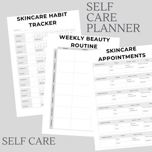 May include: A printable planner with a black and white design. The planner is divided into three sections: Skincare Habit Tracker, Weekly Beauty Routine, and Skincare Appointments. The Skincare Habit Tracker section has a calendar for tracking daily habits. The Weekly Beauty Routine section has a grid for planning beauty routines for each day of the week. The Skincare Appointments section has a table for scheduling appointments with beauty professionals.