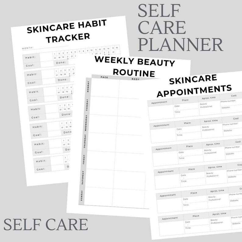 May include: A printable planner with a black and white design. The planner is divided into three sections: Skincare Habit Tracker, Weekly Beauty Routine, and Skincare Appointments. The Skincare Habit Tracker section has a calendar for tracking daily habits. The Weekly Beauty Routine section has a grid for planning beauty routines for each day of the week. The Skincare Appointments section has a table for scheduling appointments with beauty professionals.