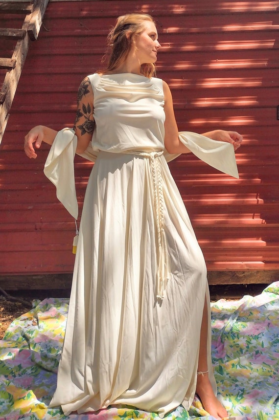 1970s Greek Goddess Wedding Dress with Original Ta