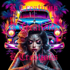 May include: A digital illustration of a woman with a sugar skull makeup design, wearing a black dress and a rose behind her ear. She is praying with her hands clasped together. The background features a vintage car, palm trees, and a sunset.