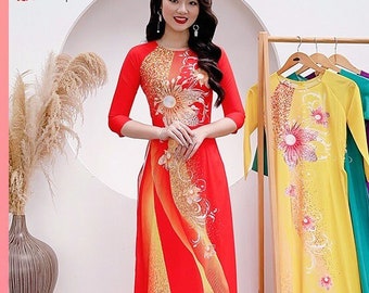 Áo dài nữ truyền thống đẹp - Ao Dai tết cách tân thiết kế nền Đỏ - Red Ao Dai Viet Nam - Pre-made AO DAI Viet nam