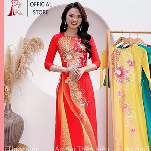 Áo dài nữ truyền thống đẹp - Ao Dai tết cách tân thiết kế nền Đỏ - Red Ao Dai Viet Nam - Pre-made AO DAI Viet nam