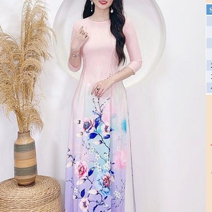 Áo dài in 3D lụa Nhật nền hồng nhạt tà tím - Pink Purple Flower Ao Dai Viet Nam - Pre-made AO DAI Viet nam
