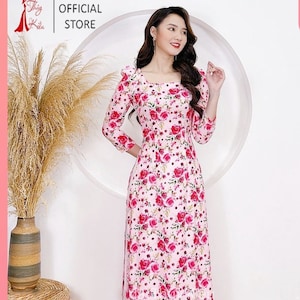 Áo dài cách tân nữ thiết kế cổ vuông tay bồng đẹp mềm mại co giãn - Ao Dai Viet Nam - Pre-made AO DAI Viet Nam
