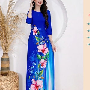 Áo dài nữ truyền thống đẹp - Áo dài in 3D lụa nền xanh than hoa đỏ - Blue Flower Ao Dai Viet Nam - Pre-made AO DAI Viet nam