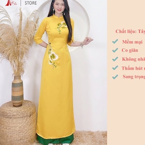Áo dài lụa Tây Thy nền vàng thêu hoa lan - Orchid Yellow Flower Ao Dai Viet Nam - Pre-made AO DAI Viet nam