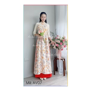 Áo dài thiết kế 4 tà hoa nhí cam phối tay AV07  - Ao Dai Small flowers in silk, little orange flower - Pre-made Ao Dai Viet Nam