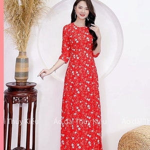 Áo dài nữ truyền thống đẹp - Áo dài nữ may sẵn thiết kế hoa nhí đẹp cách tân tết nền đỏ - Red Ao Dai Viet Nam - Pre-made AO DAI Viet nam