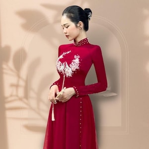 Áo dài nữ truyền thống đẹp - Áo dài cưới, áo dài cô dâu Lạc Tiên đỏ đô (kèm chân váy) - Pre-made AO DAI Viet nam