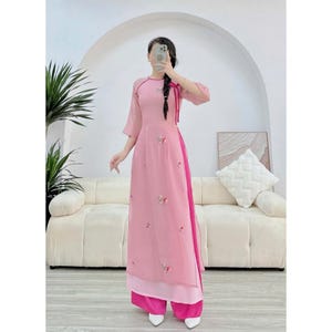 Áo dài nữ truyền thống đẹp - Áo dài cách tần, áo dài nữ tơ 4 tà thêu hoa áo dài thiết kế trẻ trung MÃ TK155 - Pre-made AO DAI Viet nam