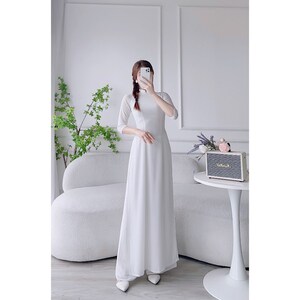 Áo dài nữ truyền thống đẹp - Áo dài trắng, áo dài học sinh lụa chi phông 4 tà áo dài truyền thống MÃ T24 - Pre-made AO DAI Viet nam