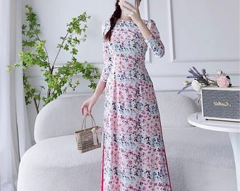 Áo dài hoa nhí họa tiết tay bồng nhẹ nhàng thanh lịch, cổ tròn tà chữ A, in 6D- Mã A03 - White Ao Dai Viet Nam - Pre-made Ao Dai Viet Nam
