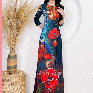 Pre-made Ao dai, Áo dài nữ may sẵn thiết kế nền hoa đỏ đẹp - black background - Pre-made AO DAI Viet nam